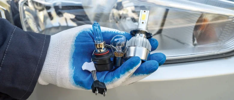 Různé typy žárovek pro automobilová světla v ruce.