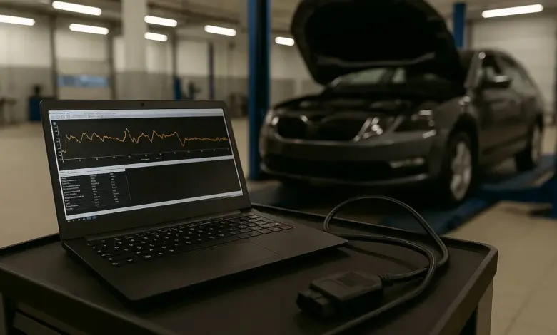 Laptop s diagnostikou motoru u auta se zvednutým kapotem v dílně.