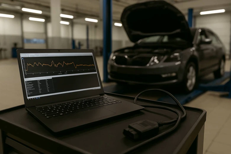 Laptop s diagnostikou motoru u auta se zvednutým kapotem v dílně.