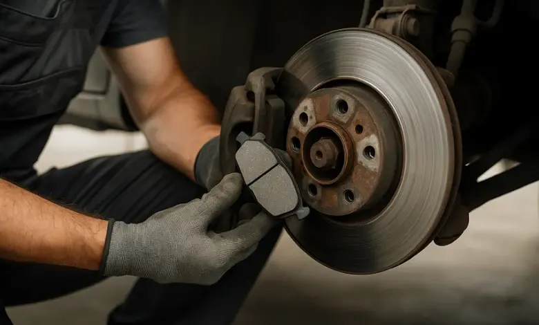 Mechanik montuje nové brzdové destičky na kolový disk.