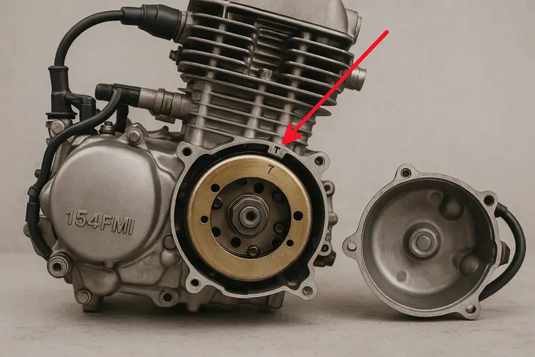 Otevřený motor s viditelným prostorem pro nastavení ventilové vůle.
