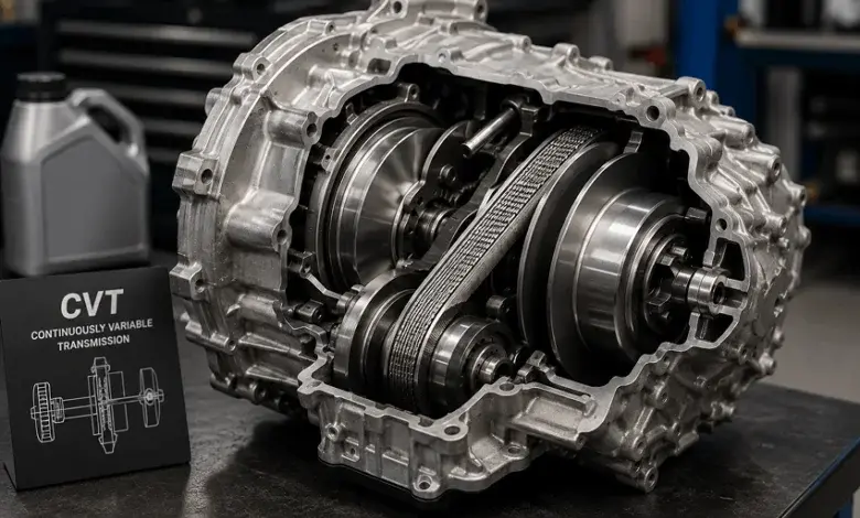Průřezový pohled na převodovku CVT pro automobil.