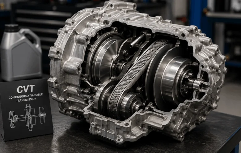 Průřezový pohled na převodovku CVT pro automobil.