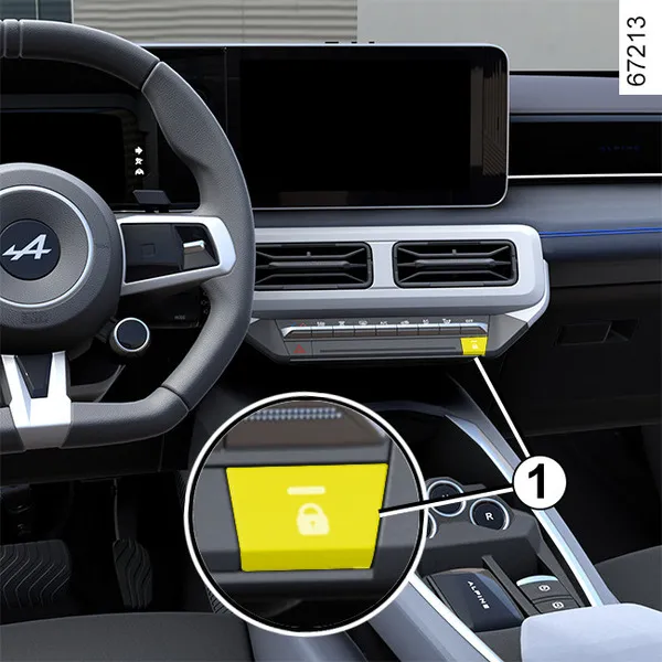 Žlutá tlačítka s ikonou zamčení v interiéru auta pro vypnutí automatického zamykání.