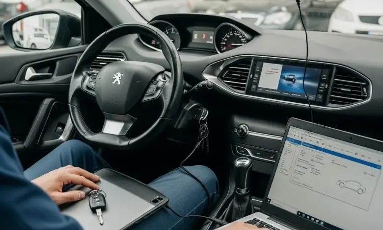 Programování klíče pro vozidlo Peugeot pomocí diagnostického softwaru.