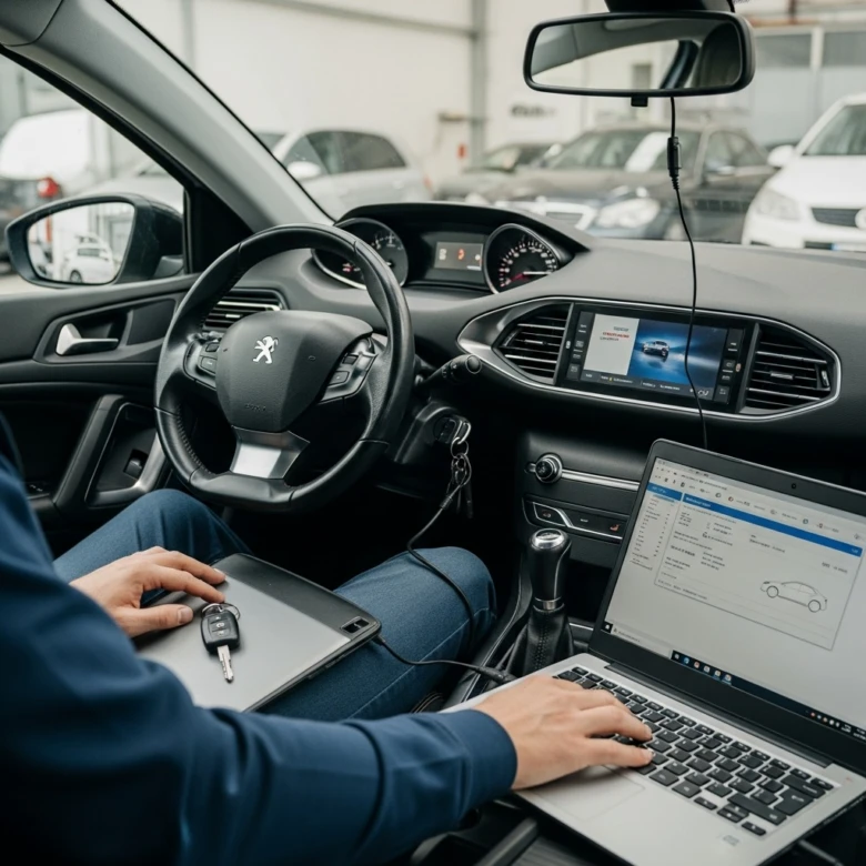 Programování klíče pro vozidlo Peugeot pomocí diagnostického softwaru.