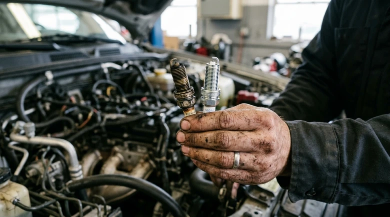 Mechanik drží starý a nový svíčku zapalovací před motorem.
