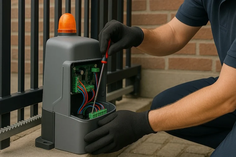 Technik opravuje motor automatické brány pomocí šroubováku.