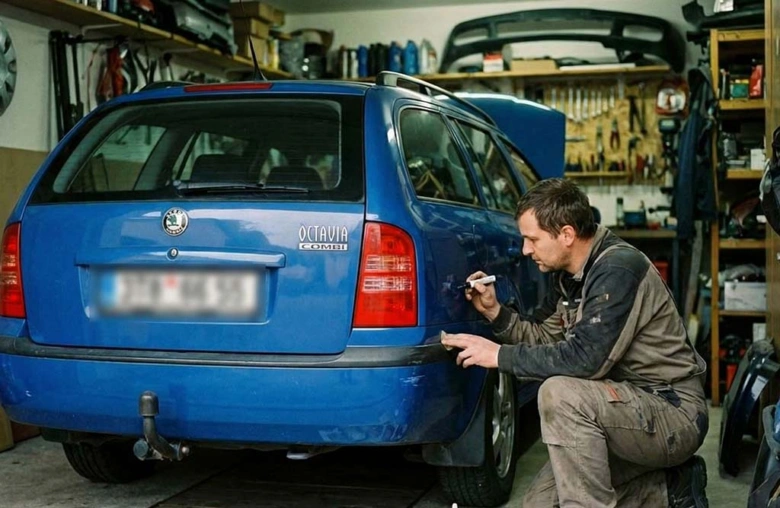 Muž maluje zadní nárazník modrého vozu v garáži.