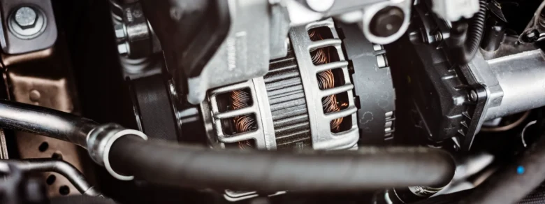 Detailní pohled na automobilový alternátor v motorovém prostoru.