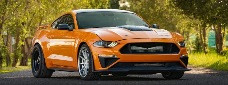 Oranžový sportovní automobil zaparkovaný na silnici mezi stromy.