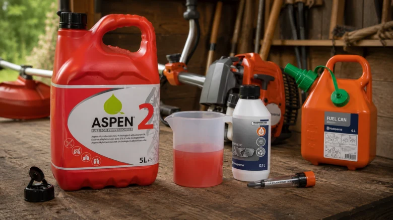 Červená lahev s olejem pro dvoutaktové motory a další produkty.
