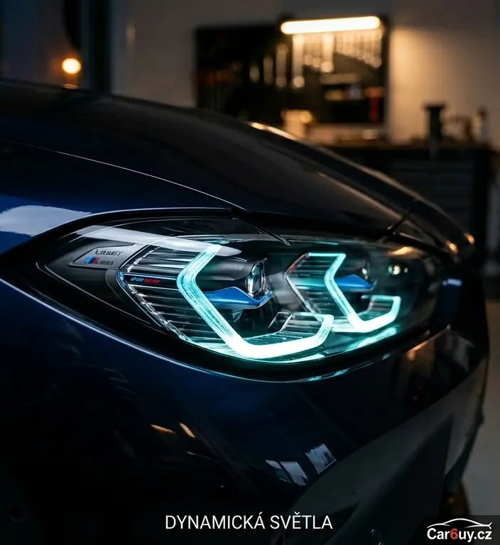 Modifikované přední světla s dynamickým LED osvětlením na modrém BMW.