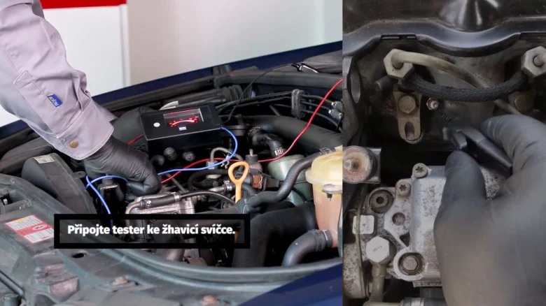 Mechanik testuje zapalovací svíčku pomocí elektronického měřiče v motoru auta.