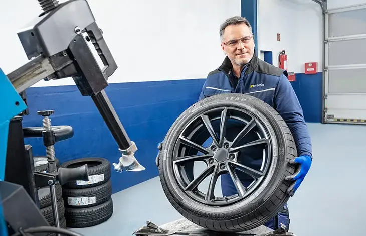 Mechanik drží disk s pneumatikou v dílně