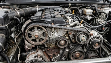 Detailní pohled na motor automobilu s řemeny a koly.