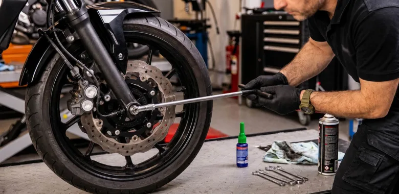 Mechanik upravuje brzdný disk na kole motocyklu v dílně.