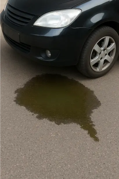 Tmavé auto s velkou kašičkou unikajícího chladicího média pod ním.