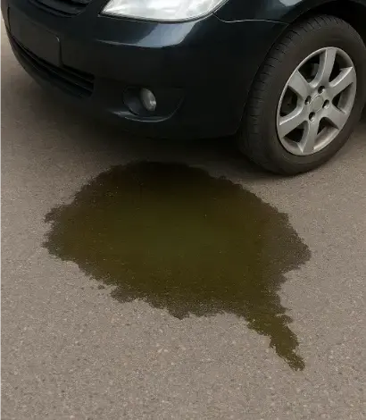 Únik chladicí kapaliny pod automobil na asfaltové ploše.