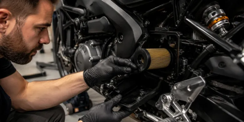 Mechanik mění vzduchový filtr na motocyklu.