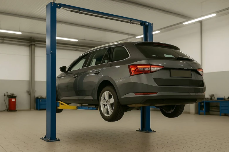 Šedé auto na zvedáku v dílně, nevhodné pro téma zpětných zrcátek.