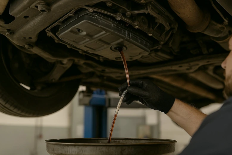 Mechanik kontroluje olej pod vozidlem pomocí špičky.