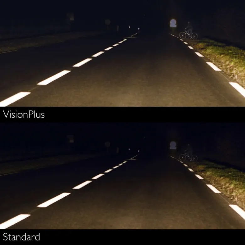 Porovnání osvětlení silnice světlomety VisionPlus a standard při noční jízdě.
