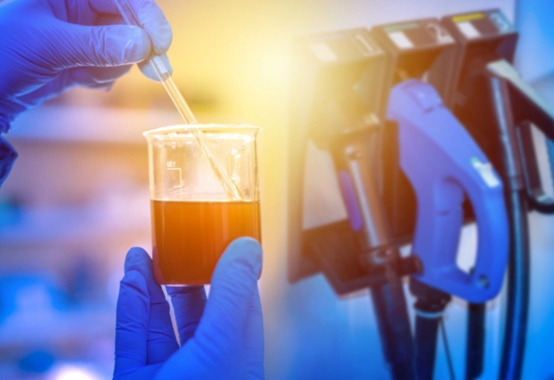Ruční testování motorové nafty v laboratoři s čerpacím stanem.