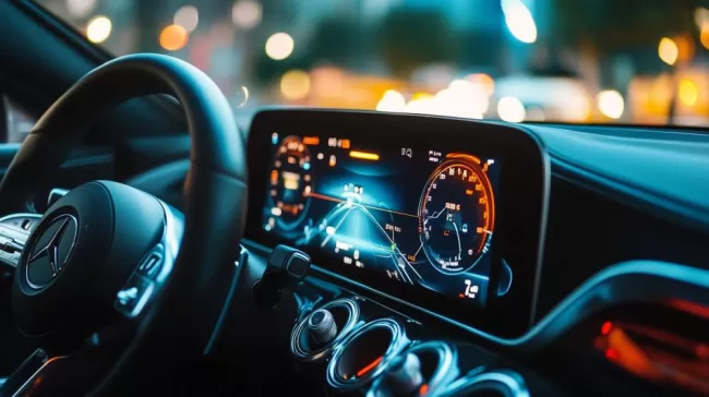 Digitální přístrojová deska s navigací v autě.