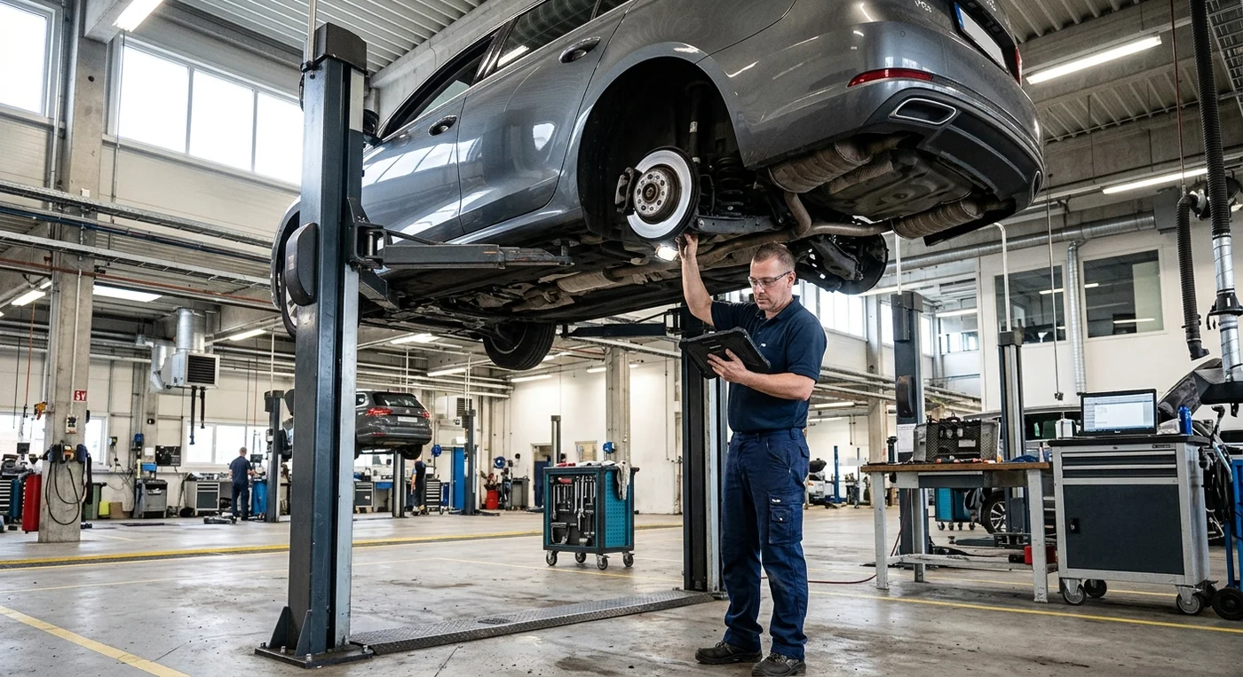 Mechanik kontroluje podvozek auta s digitálním tabletem v dílně.