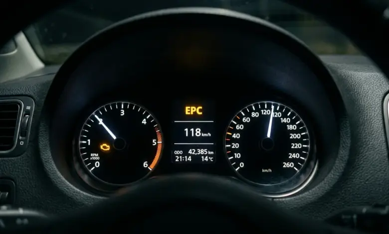 Vozový přístroj s rozsvíceným kontrolním světlem pro katalyzátor a motor.