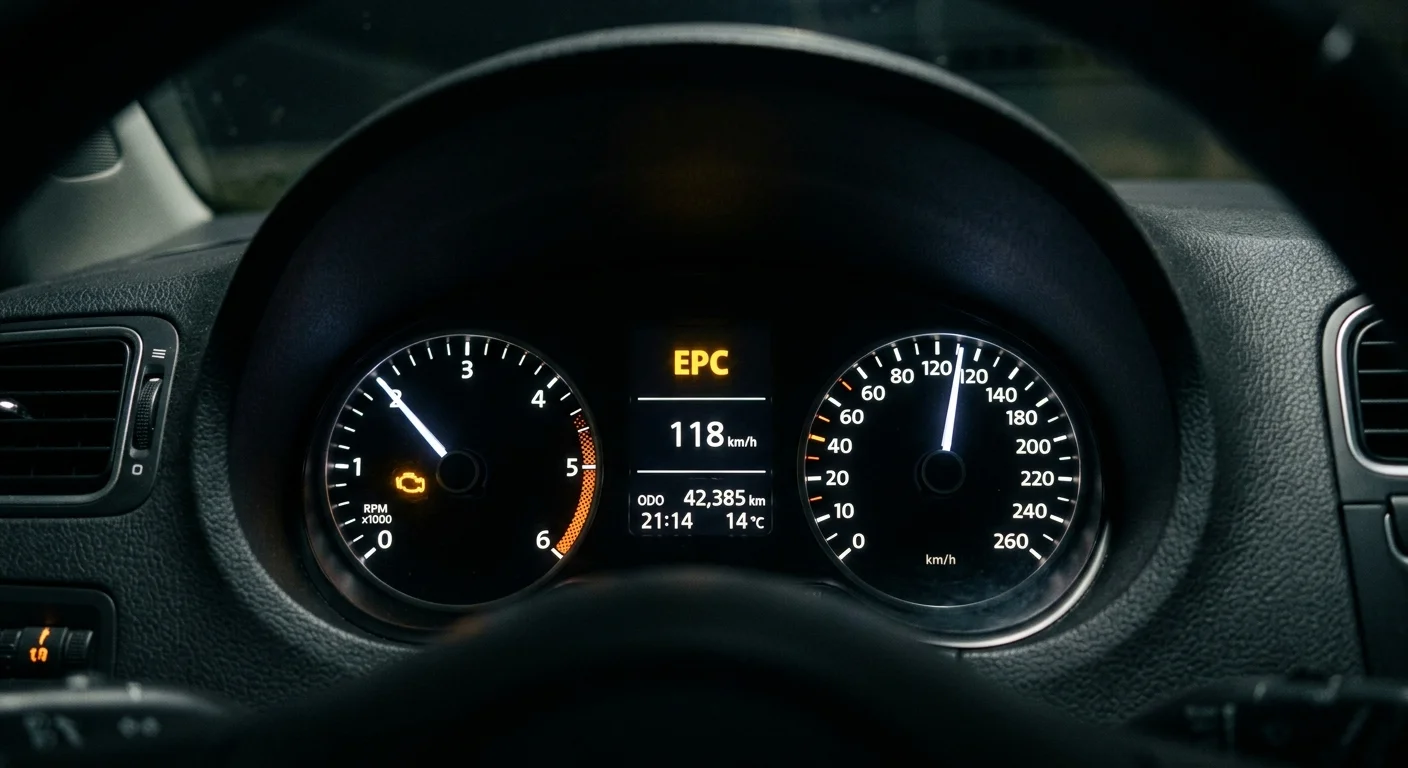 Vozový přístroj s rozsvíceným kontrolním světlem pro katalyzátor a motor.