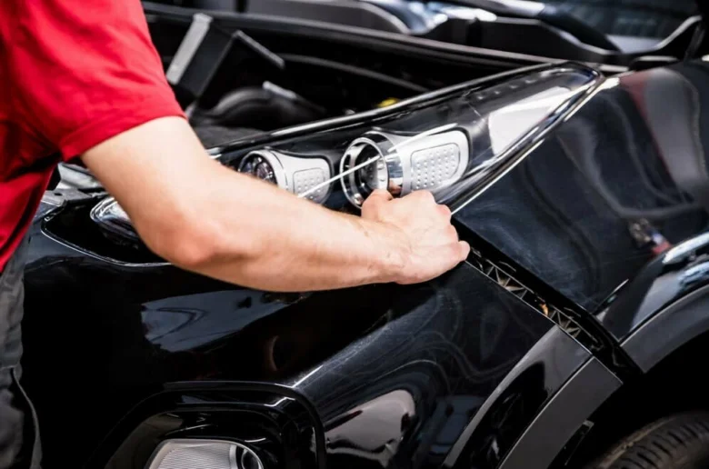 Muž mění žárovku ve světlometu auta s otevřenou motorkovou kapotou.