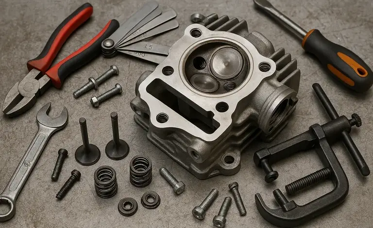 Rozložený válec motoru s nářadím pro nastavení ventilové vůle.